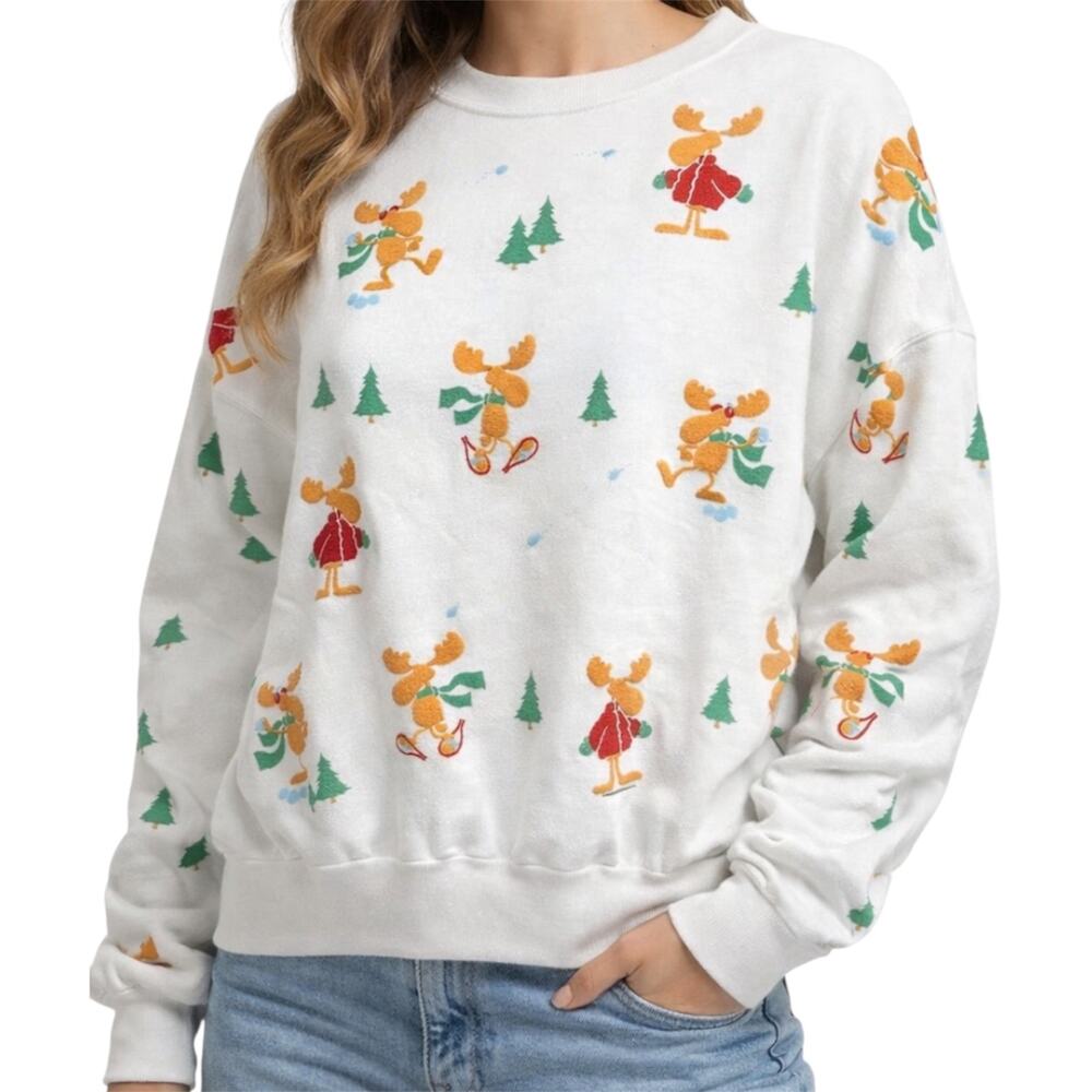 Vintage Lifestyles Christmas Sweatshirt Reindeer 90s USA Puff Print White OS XL